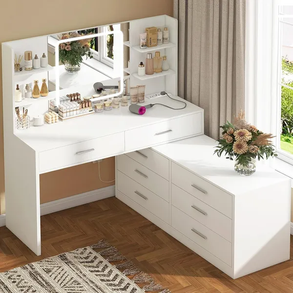 FIONESO 64.9″ Makeup Vanity, 8 Drawers — White