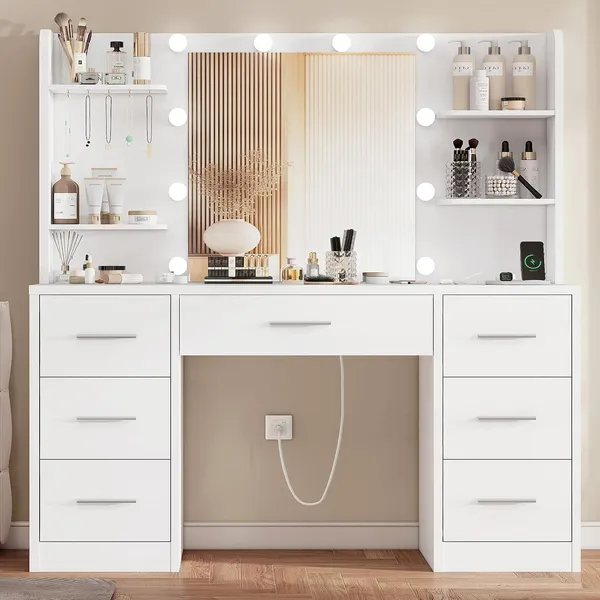 FIONESO 42.1″ Makeup Vanity, 7 Drawers — White