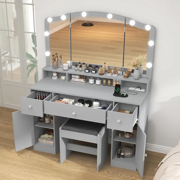 FIONESO 43.3″ Makeup Vanity, 3 Drawers — Grey
