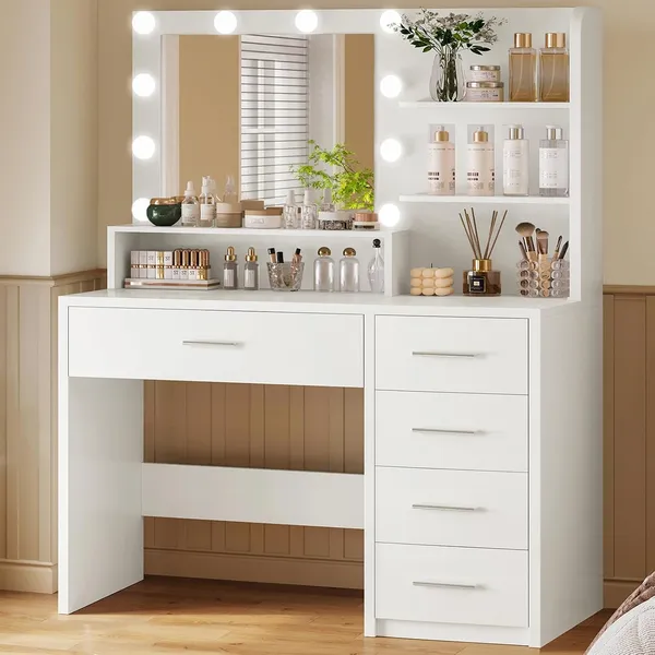 FIONESO 35.4″ Makeup Vanity, 5 Drawers — White