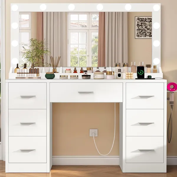 FIONESO 42.2″ Makeup Vanity, 7 Drawers — White