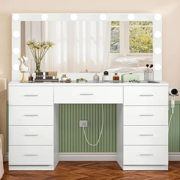FIONESO 44.1″ Makeup Vanity, 9 Drawers