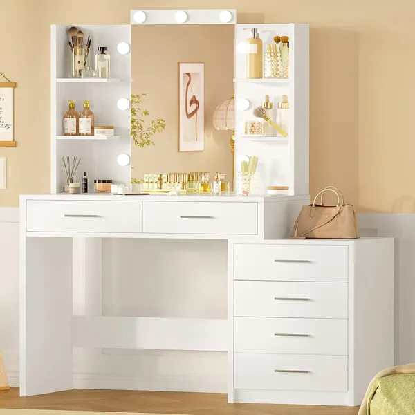FIONESO 41.3″ Makeup Vanity, 6 Drawers — White