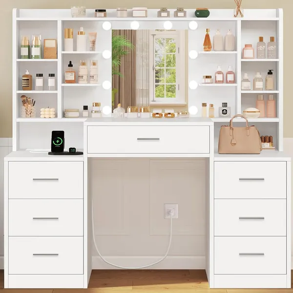 FIONESO 47.2″ Makeup Vanity, 7 Drawers — White