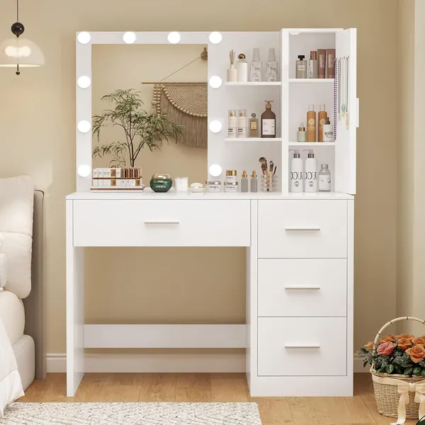 FIONESO 35.4″ Makeup Vanity, 4 Drawers — White