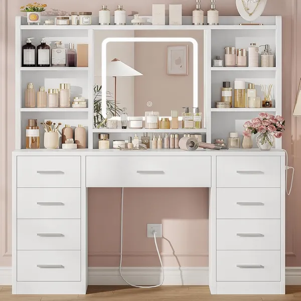 FIONESO 42.1″ Makeup Vanity, 9 Drawers — White