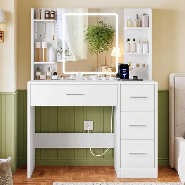 FIONESO 33.5″ Makeup Vanity, 4 Drawers — White