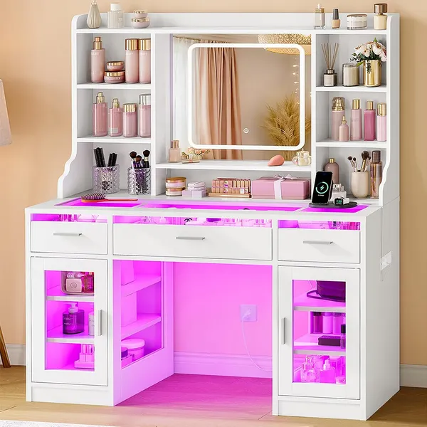 FIONESO 42″ Makeup Vanity, 3 Drawers — White