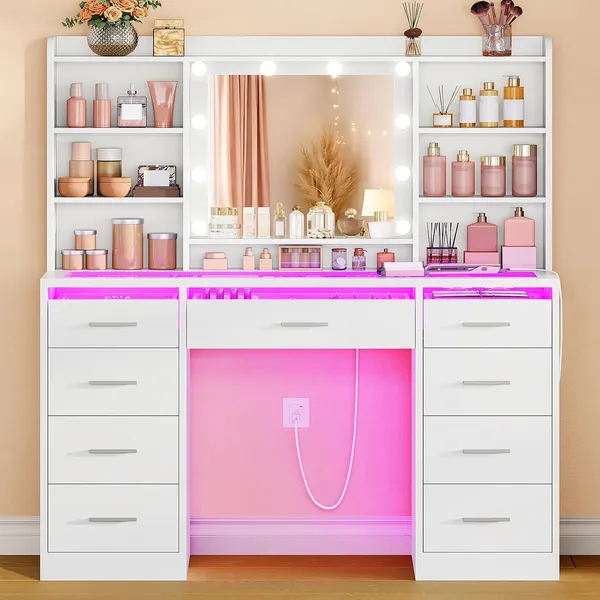 FIONESO 42.1″ Makeup Vanity, 9 Drawers — White