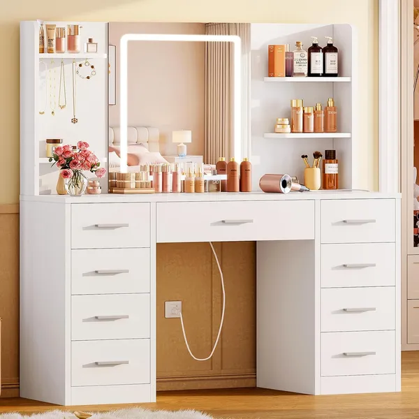 FIONESO 39.4″ Makeup Vanity, 9 Drawers — White