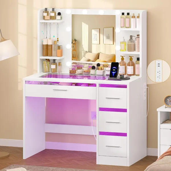 FIONESO 33.5″ Makeup Vanity, 4 Drawers — White