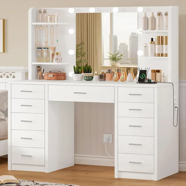 FIONESO 42.1″ Makeup Vanity, 7 Drawers — White