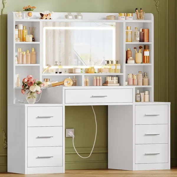 FIONESO 47.2″ Makeup Vanity, 7 Drawers — White