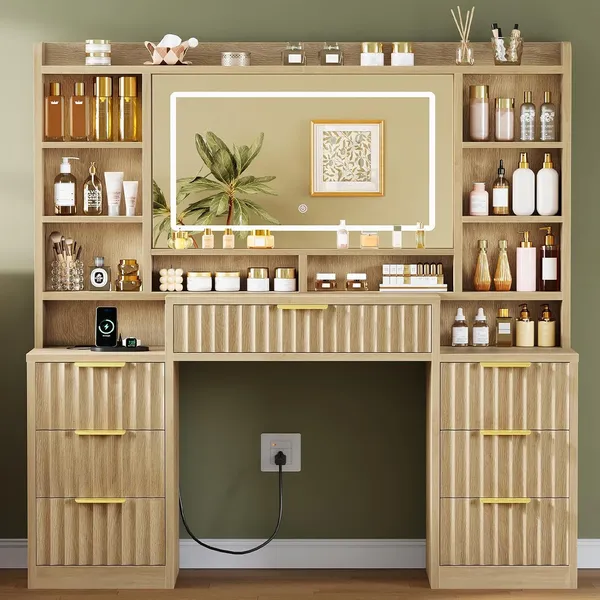 FIONESO 47.2″ Makeup Vanity, 7 Drawers — Natural wood