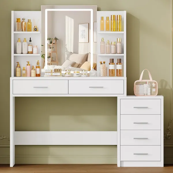 FIONESO 41.3″ Makeup Vanity, 6 Drawers — White